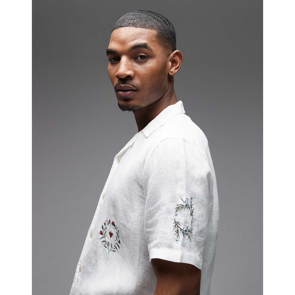 Men’s AllSaints Deck Embroidered White Linen Camp Shirt Relaxed Boxy Fit Sz S - Picture 3 of 11